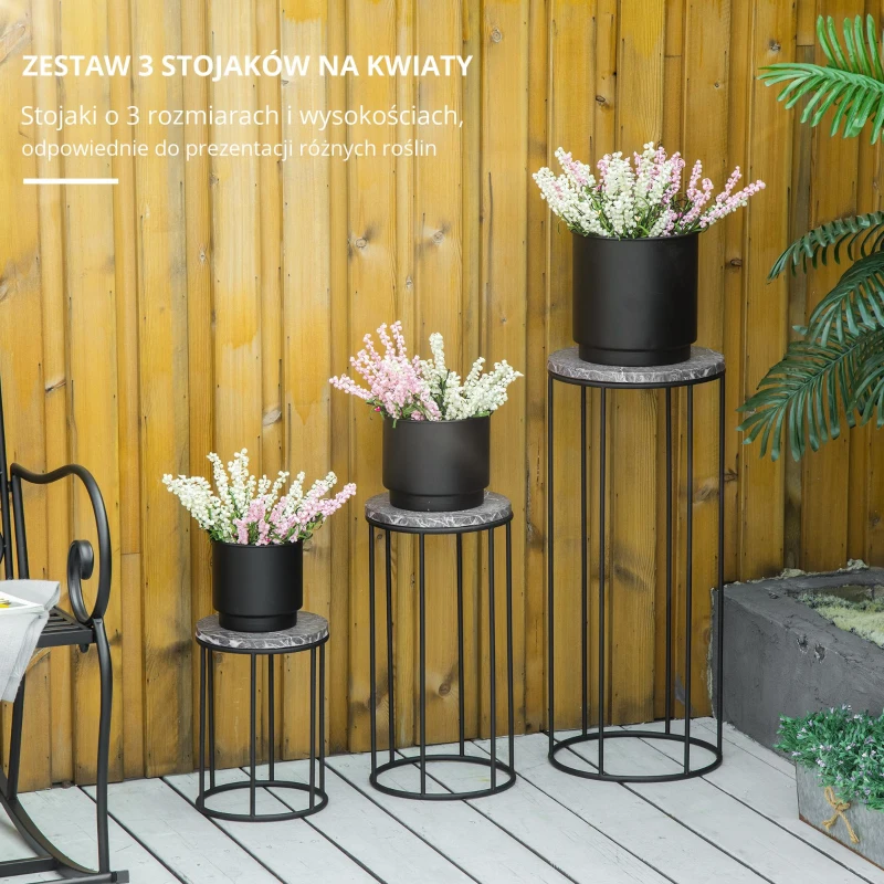 Outsunny Zestaw 3 metalowych stojaków na kwiaty, marmurowy wzór, możliwość układania w stos