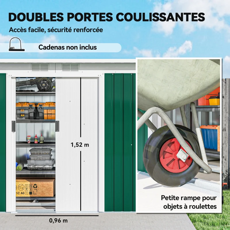 Outsunny Abri de jardin 3,6 m² 280 x 130 x 172 cm kit de fondation porte coulissante ventilations acier galvanisé vert foncé