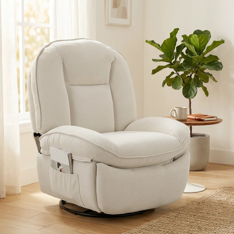 HOMCOM Fauteuil inclinable en chenille, fauteuil de relaxation pivotant à 360°, assise large, poches latérales, crème