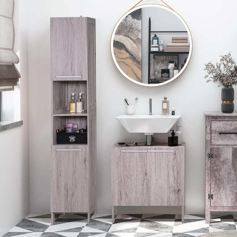 kleankin Meuble Colonne Rangement Salle de Bain + Meuble sous-vasque Design compact Multi-rangement aspect imitation bois gris