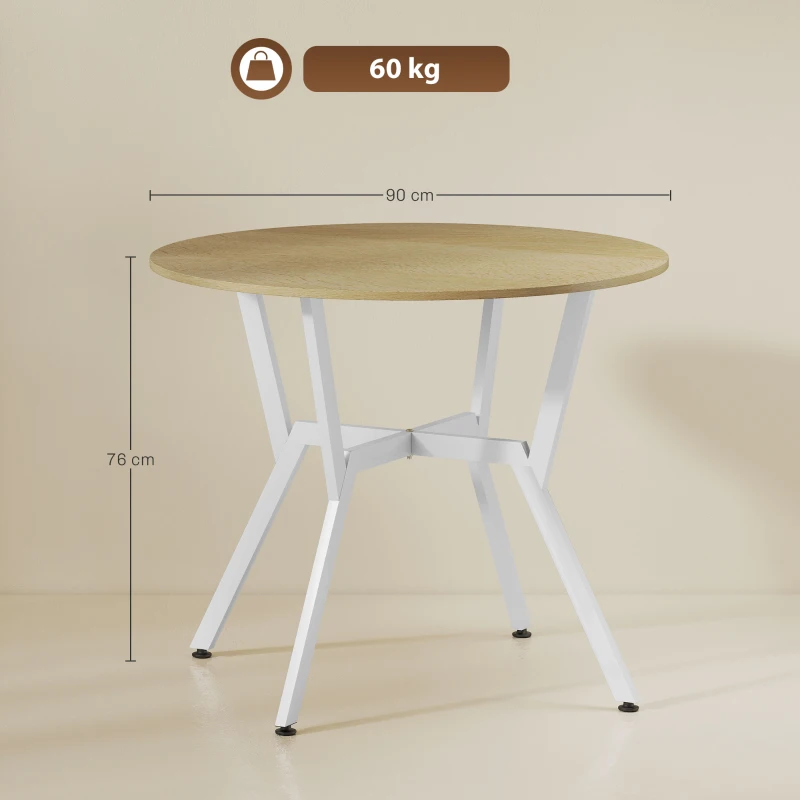 HOMCOM Mesa de Comedor Redonda para 2 Personas Mesa de Cocina Industrial Patas Curvadas de Acero 90x90x76 cm Natural y Blanco