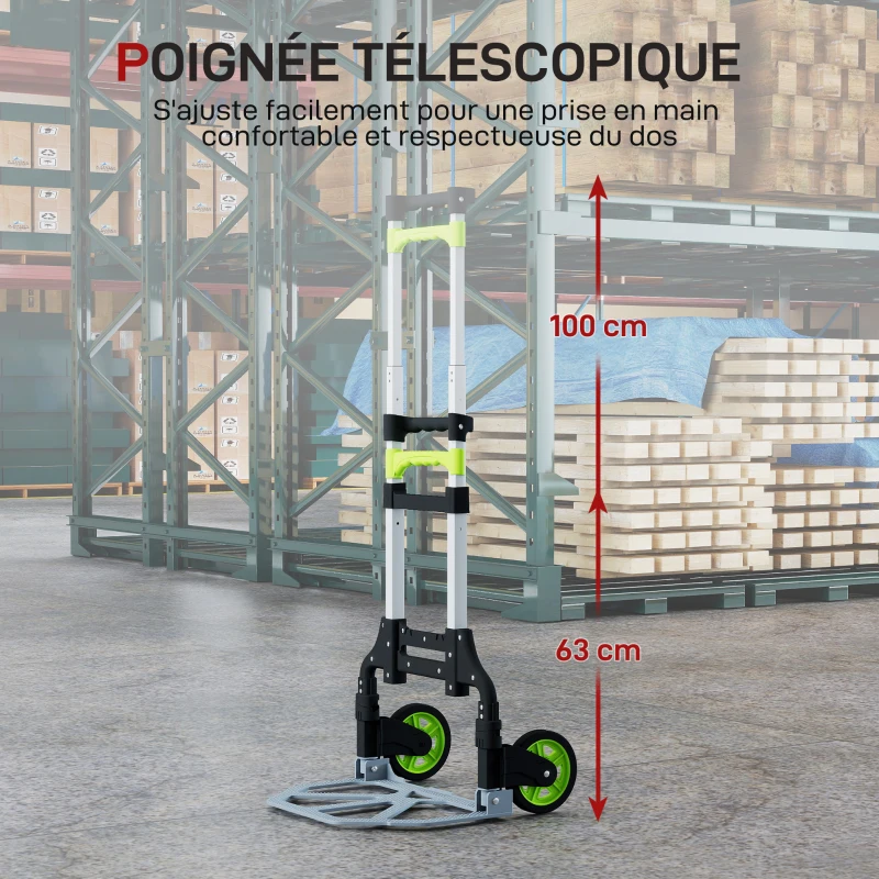 HOMCOM Diable Pliable en Aluminium avec 100 cm Poignée Télescopique, pour Entrepôt, Aéroport, 38,5x41x100cm, Vert