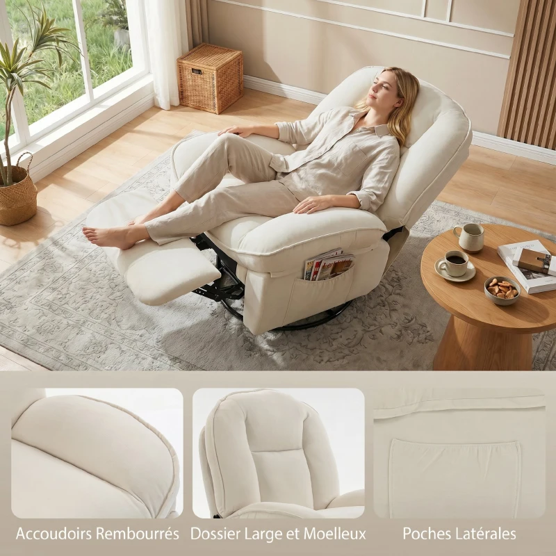 HOMCOM Fauteuil inclinable en chenille, fauteuil de relaxation pivotant à 360°, assise large, poches latérales, crème