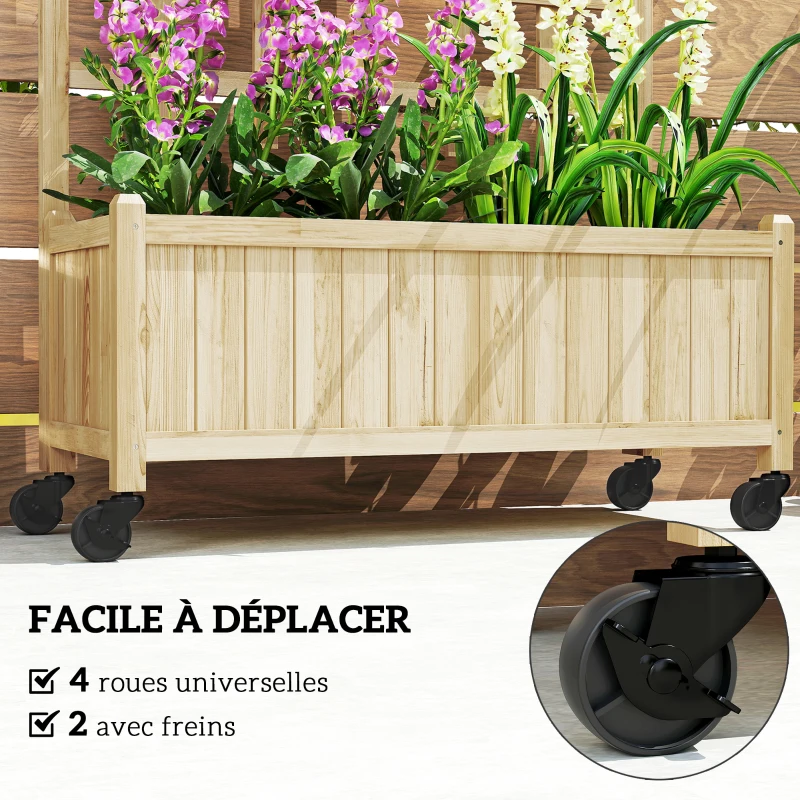 Outsunny Jardinière avec treillis, bac à fleurs avec roues, pour plantes grimpantes, bois massif, 82,5x35x186cm, bois naturel
