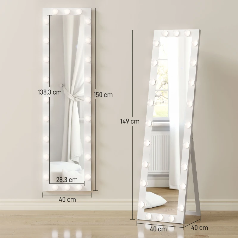 HOMCOM Ganzkörperspiegel 150x40 cm LED Spiegel mit 24 Glühbirnen 3 Lichtfarbe, freistehend oder anlehnbar Weiß