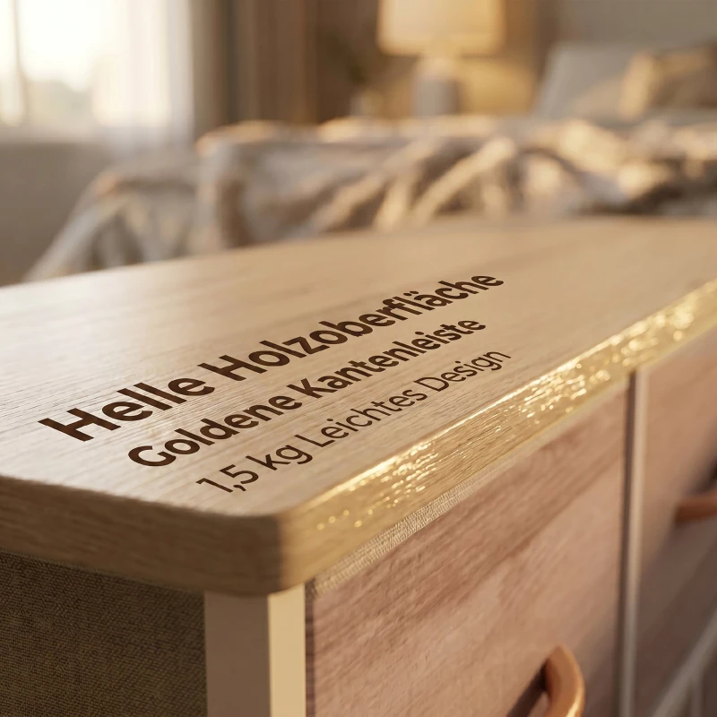 HOMCOM Kommode mit 5 Schubladen, Stoffkommode mit Metallrahmen und Holzoberfläche, Naturholz und Weiß