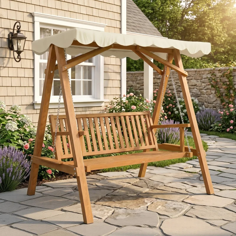 Outsunny Dondolo da Giardino Stile Classico Legno Massello di Pino Conforme alle Norme di FS Tettuccio Parasole in Tessuto di Poliestere con Rivestimento di PA 162x130x185cm 240kg