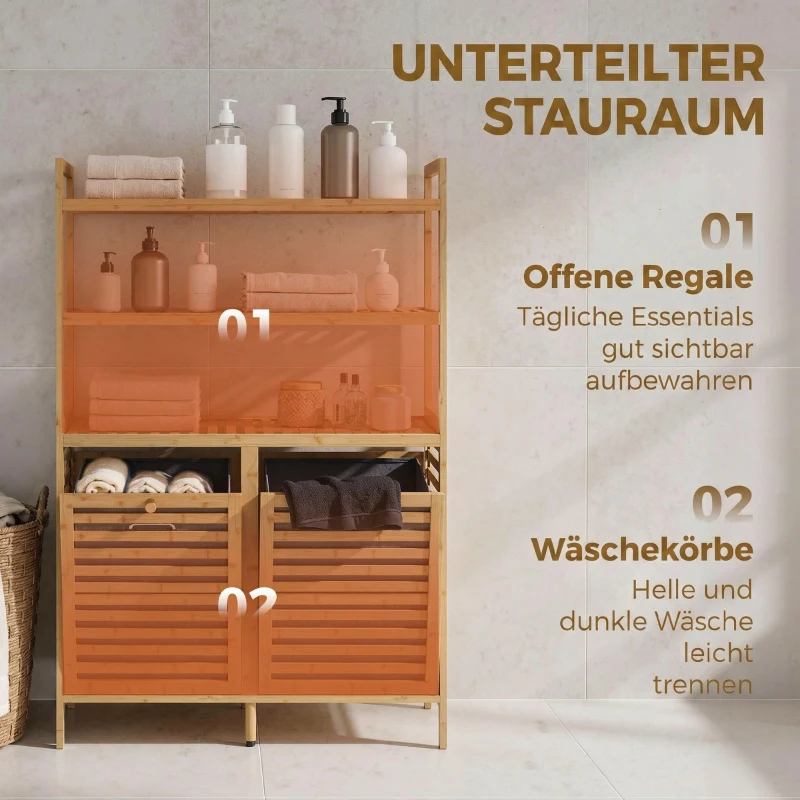 HOMCOM Doppel-Wäscheschrank mit Kippfunktion, freistehender Bambus-Schrank, 2 herausnehmbare Körbe, 3 Ablagefächer, Eiche