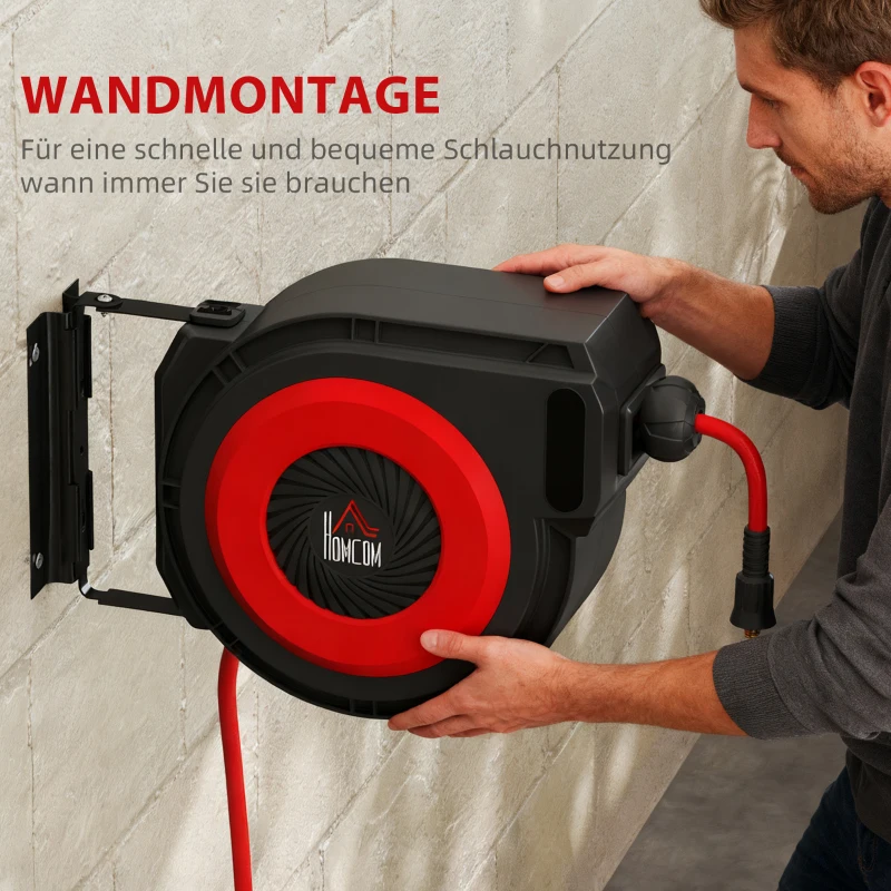 HOMCOM Schlauchtrommel mit Einzugs-Mechanismus, 16,5 m langer Schlauch, Wandmontage, Rot+Schwarz