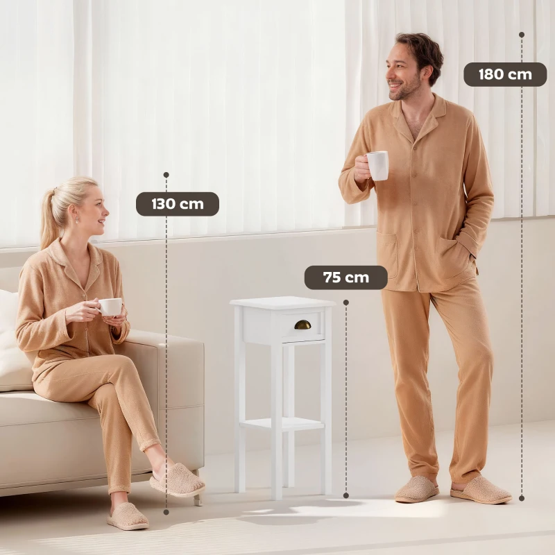 HOMCOM Mesa Auxiliar Moderna, Mesa Auxiliar para Sofá, con Cajón y Estante, Mesita de Noche para Salón, Dormitorio, 30x30x75 cm, Blanco