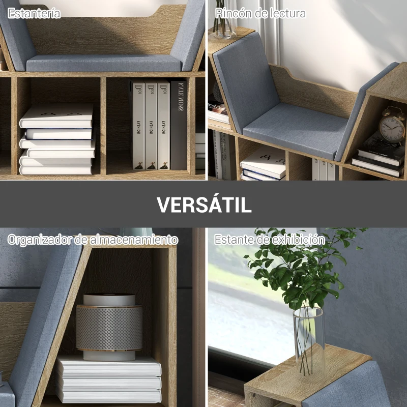 HOMCOM Librería con Asiento Estantería de Libros con 6 Cubos Cojín para Sala de Estar Dormitorio 102x30x61cm Roble y Gris