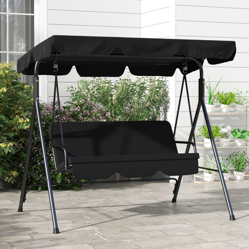 Outsunny Balancelle de Jardin 3 Places Toit Inclinaison réglable Coussins Assise et Dossier Acier Noir Polyester Noire