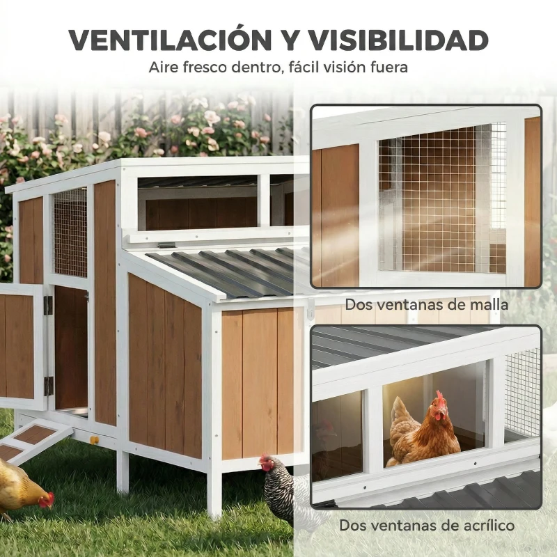 PawHut Gallinero para Exterior de Madera 145x90x92 cm para 2-4 Gallinas con Nido Casa Lateral Bandeja Extraíble Marrón Claro