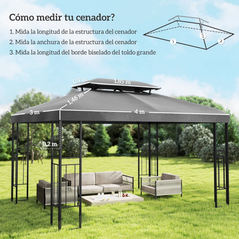 Outsunny Toldo de Recambio 4x3 m con Techo Doble Orificios de Drenaje y Protección UV Solo Toldo NO Incluye Marco Gris Oscuro