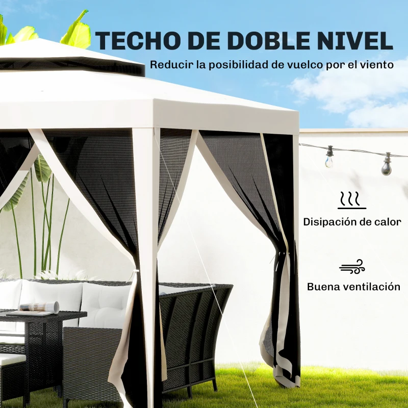 Outsunny Carpa de Jardín 3x3 m Cenador Gazebo con 4 Mosquiteras Laterales Techo Doble 8 Orificios de Drenaje Marco de Metal Crema