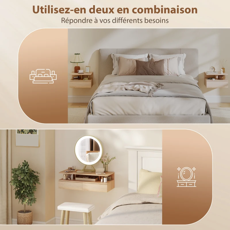 HOMCOM Lot de 2 tables de chevet murales, tables de nuit suspendues avec tiroir, étagère ouverte, 35x32x22,5cm, chêne
