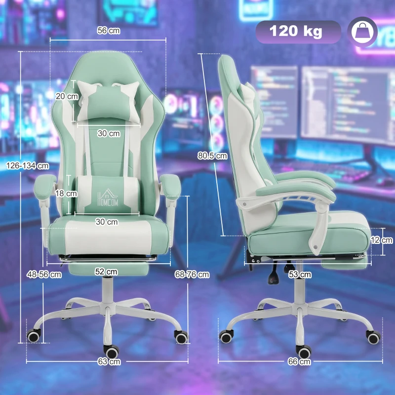 HOMCOM Sedia Gaming con Massaggio Lombare a Vibrazione, Reclinabile 155°, Altezza Regolabile, Poggiatesta e Poggiapiedi Retrattile, Azzurro