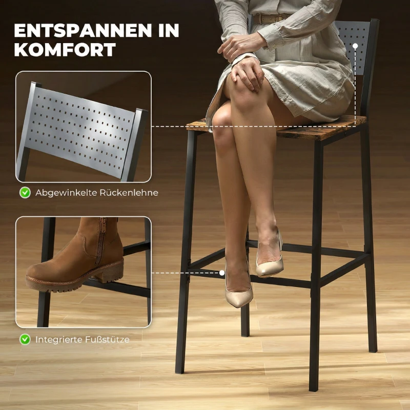 HOMCOM Lot de 2 tabourets de bar, chaises de bar, assise 72,5H cm, dossier et repose-pieds, pieds en métal, brun rustique