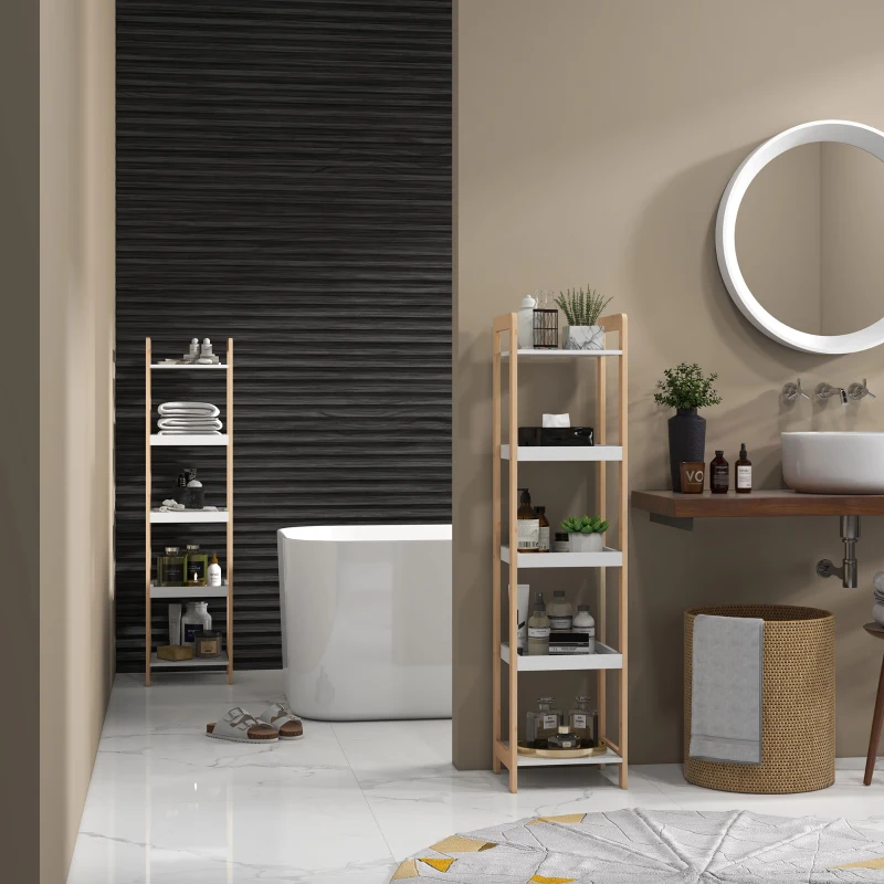 HOMCOM Lot de 2 étagères en bambou de salle de bain étagère Debout 6 paniers + 4 étagères dim. 32L x 30l x 130H cm Beige Blanc