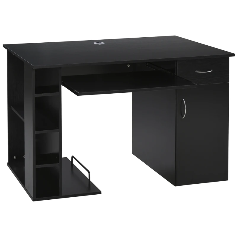 HOMCOM Secretária para Escritório com Prateleiras Abertas Gabinete Suporte para Cpu e Bandeja Removível 120x60x74 cm Preto