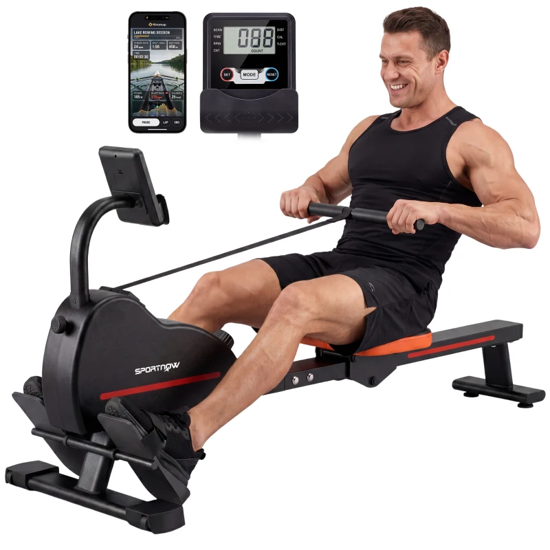 SPORTNOW Rameur Magnétique Appareil de Musculation Bluetooth Connecté Kinomap & Zwift 16 Niveaux de Résistance 135x42x72cm Rouge
