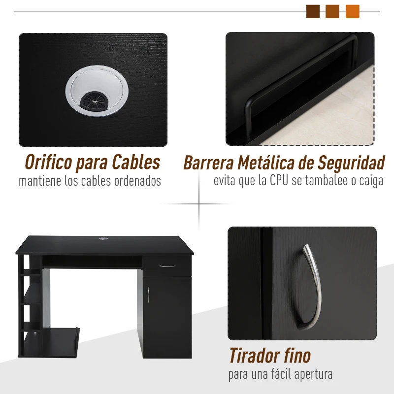HOMCOM Secretária para Escritório com Prateleiras Abertas Gabinete Suporte para Cpu e Bandeja Removível 120x60x74 cm Preto