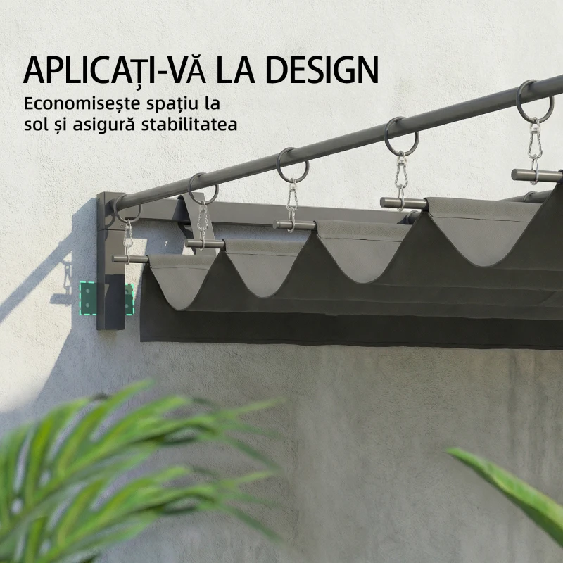 Outsunny Pergolă montată 3x3 m cu acoperiș retractabil glisant, guri de drenaj, pergolă de grădină din poliester și oțel, pentru terasă, curte, exterior, UV30+, Gri Închis