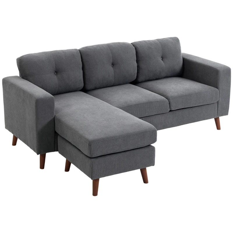 HOMCOM Colțar 192 cm în formă de L Canapea 3 locuri cu șezlong reversibil, aspect corduroy, pentru spații mici, Gri închis