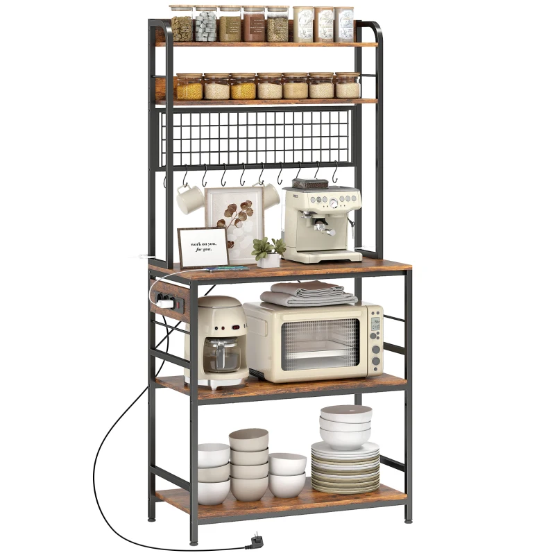 HOMCOM Scaffale da Cucina con Stazione di Ricarica, 5 Ripiani e 10 Ganci a S, in Legno e Acciaio, 80x40x170 cm, Marrone