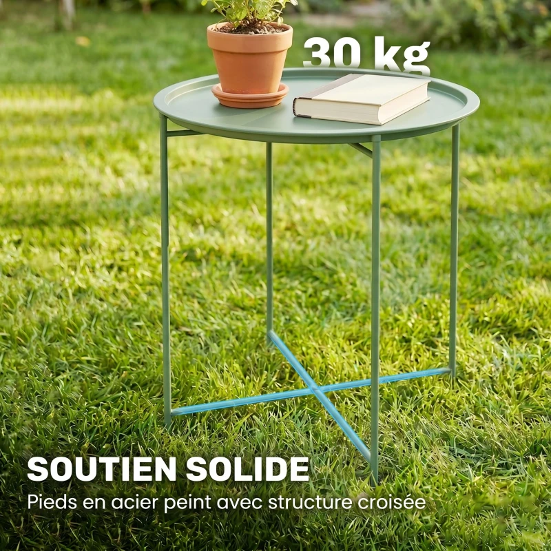 Outsunny Petite table basse ronde table d'appoint plateau amovible avec bord relevé pieds pliables en acier Ø 46 x 53 cm vert