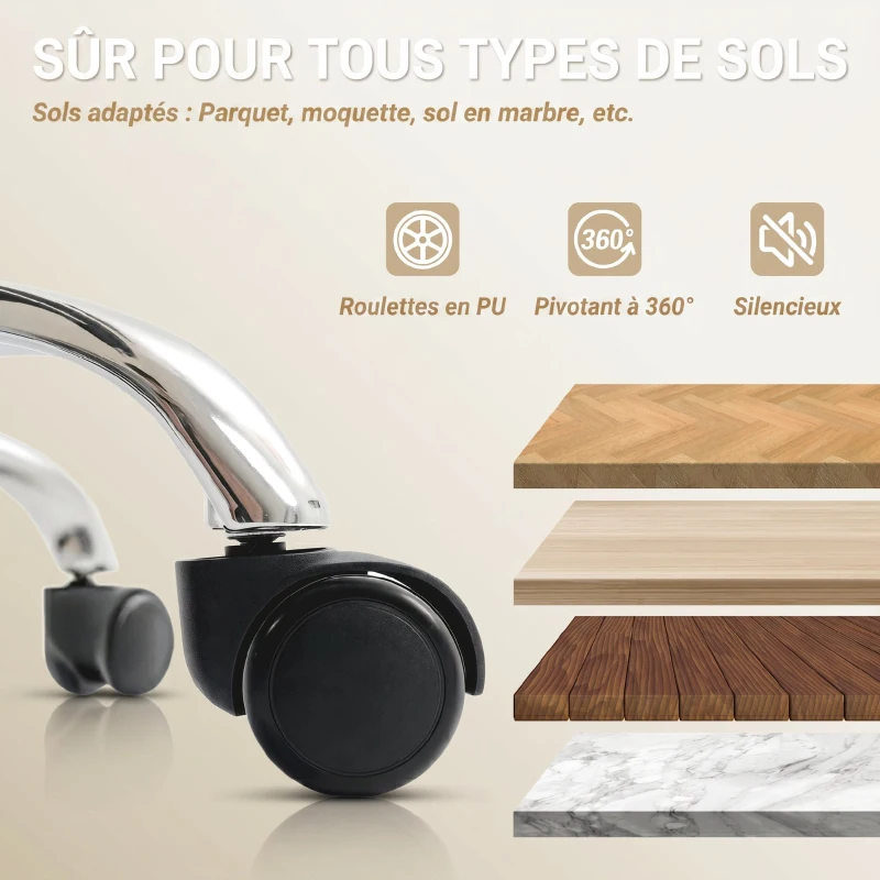 HOMCOM Chaise de bureau ergonomique, fauteuil de bureau inclinable avec repose-pieds, hauteur réglable, pivotante 360°, beige