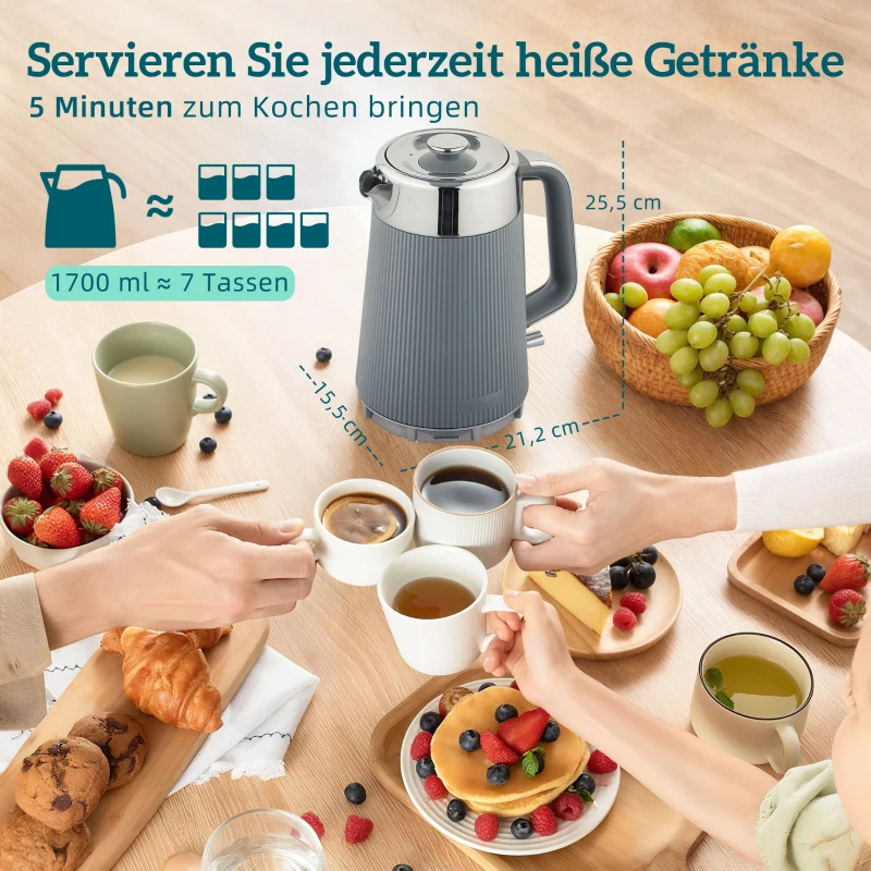 HOMCOM 2200W, 1,7L Wasserkocher mit Schnellkochfunktion, Entkalkungsfilter und 4-Scheiben-Toaster mit 7 Bräunungsstufen, Grau