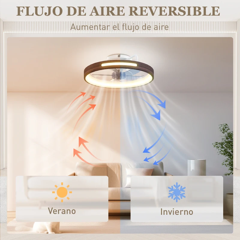 HOMCOM Ventilador de Techo con Luz LED 40 W Motor DC Reversible Mando a Distancia 6 Velocidades 3 Colores Temporizador Teca