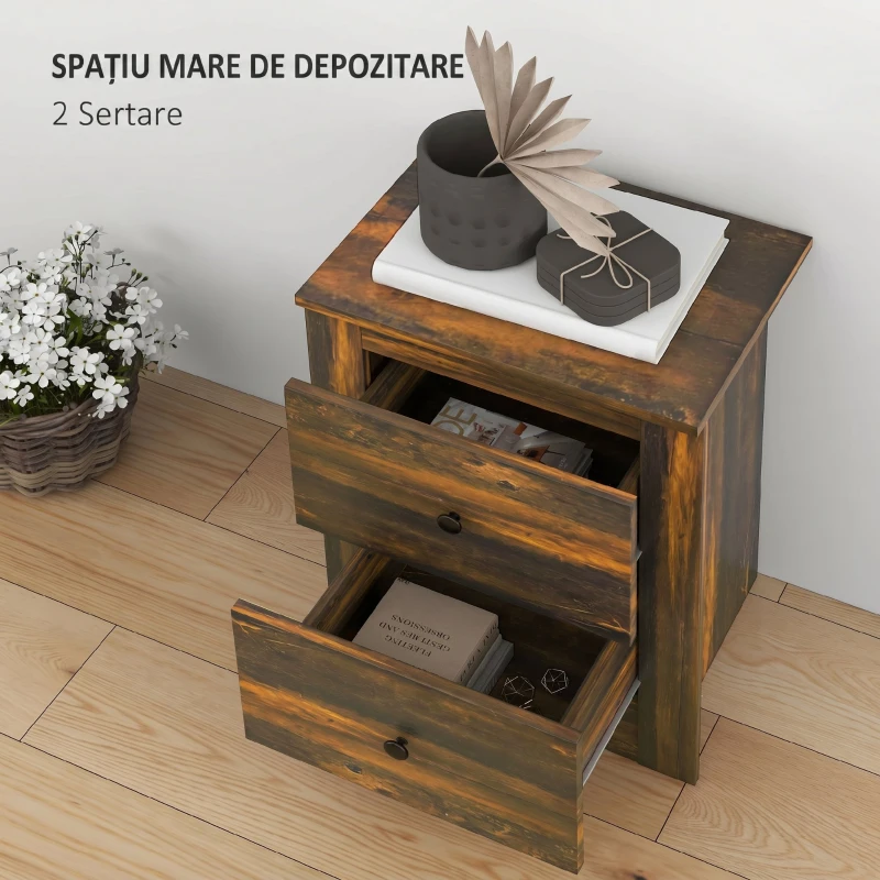 HOMCOM Noptieră cu 2 sertare în stil rustic din lemn, 40x30x56 cm, maro