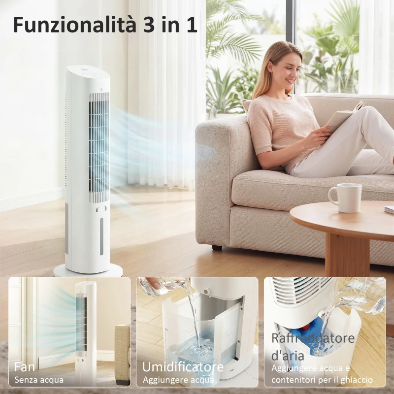 HOMCOM Raffrescatore d'Aria 3-in-1, Torre, Serbatoio 3 Litri, Portatile, Bianco.