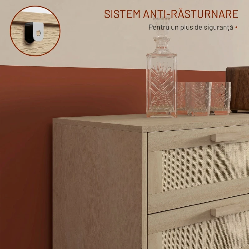 HOMCOM Comodă cu 6 Sertare din Lemn și Ratan Stil Boho pentru Living și Dormitor, 110x40x75 cm