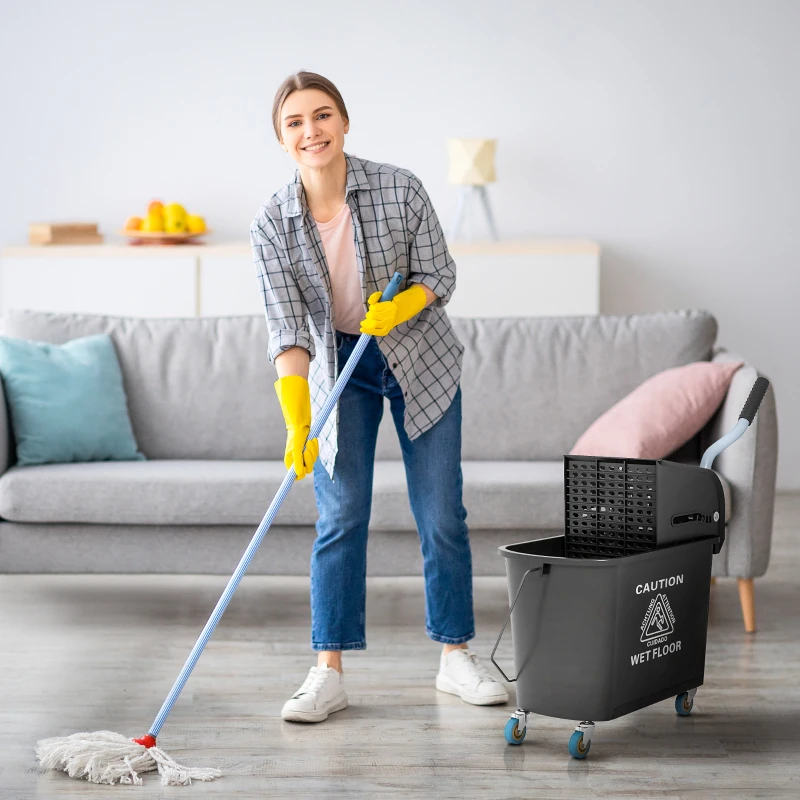 HOMCOM 20 L Mopp-Eimer mit Auswringer und Griff, Wischmopp-Eimer auf Rädern, Kunststoff, Schwarz