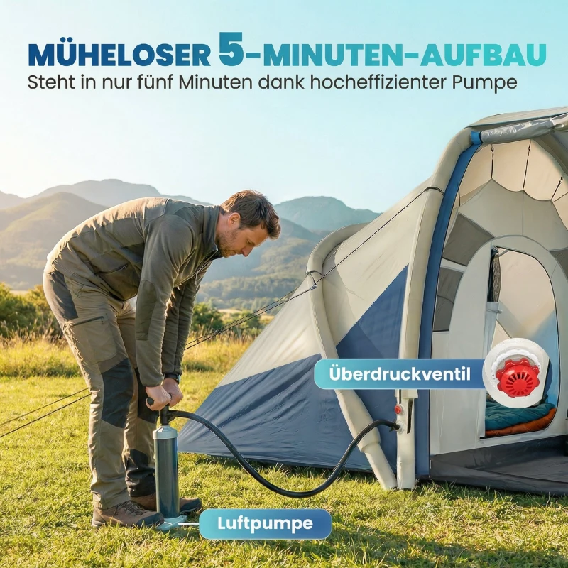 Outsunny Aufblasbares Zelt 4 Personen Schneller Aufbau Outdoor Camping Zelt mit 2 Schlafzimmer Mesh Fenster Vordach