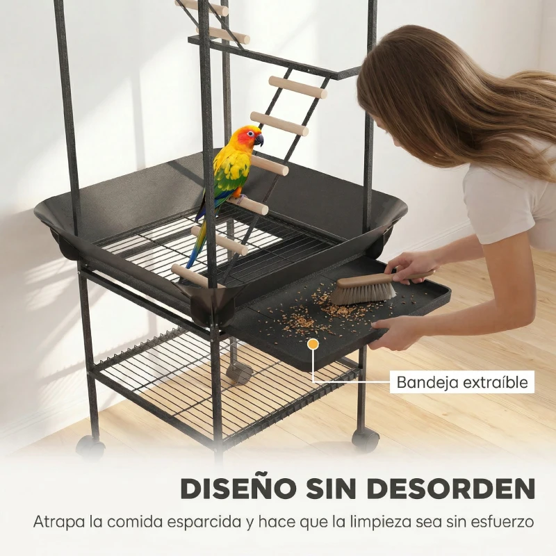 PawHut Parque de Juegos de Pájaros con Ruedas Escaleras Columpio Protector de Semillas Bandeja Comederos Perchas 63x63x163 cm