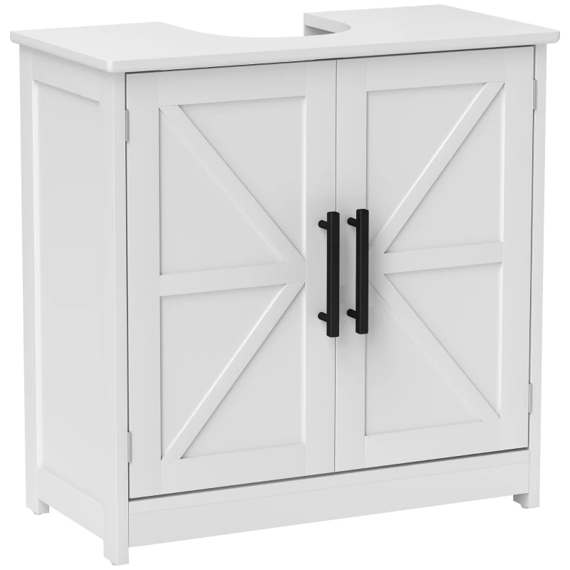HOMCOM Meuble sous lavabo, meuble de salle de bain avec 2 portes magnétiques style grange et étagères, 60 x 30 x 60 cm, blanc