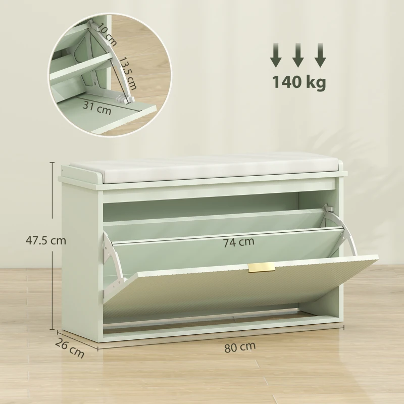HOMCOM Banc pentru încălțăminte cu pernuță șezut căptușită și sertar rabatabil pentru hol, cameră, 80 x 26 x 47,5 cm, verde