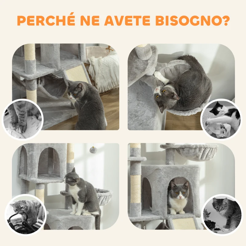 PawHut Albero Tiragraffi per Gatti con 2 Casette, 2 Lettini, Trespolo e 2 Palline, 48x40x177 cm, Grigio Chiaro e Beige