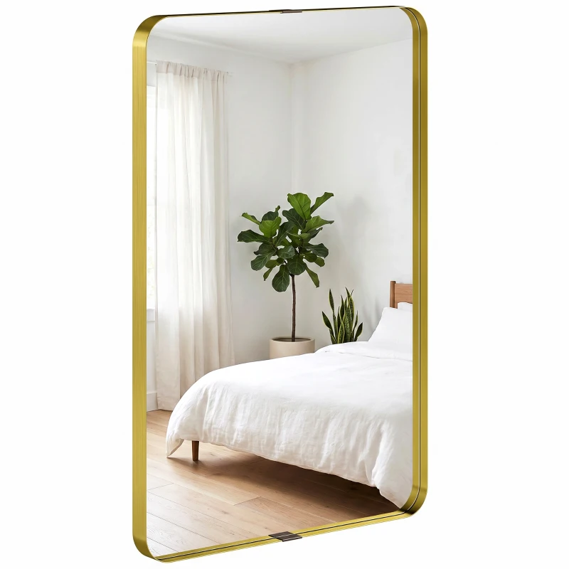 HOMCOM Rectangular Wall Mirror, 90 x 60 cm Wall Mounted Bathroom Mirror w/ Aluminium Alloy Frame and Tempered Glass, Gold Tone