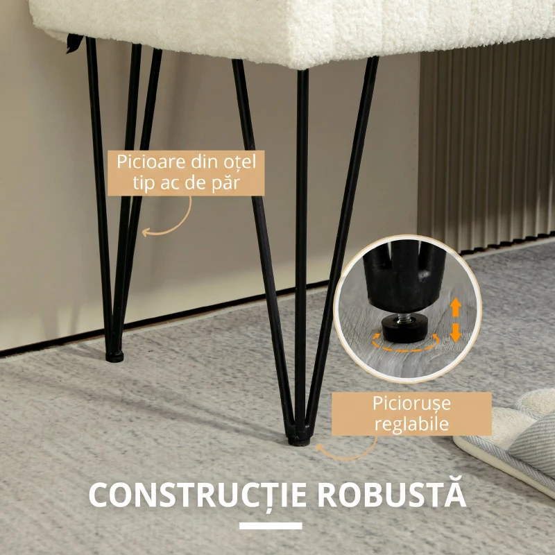 HOMCOM Bancă modernă pentru capătul patului cu picioare tip agrafă, din material textil cu efect de catifea, lemn și metal, 118,5x46x49,5 cm, crem