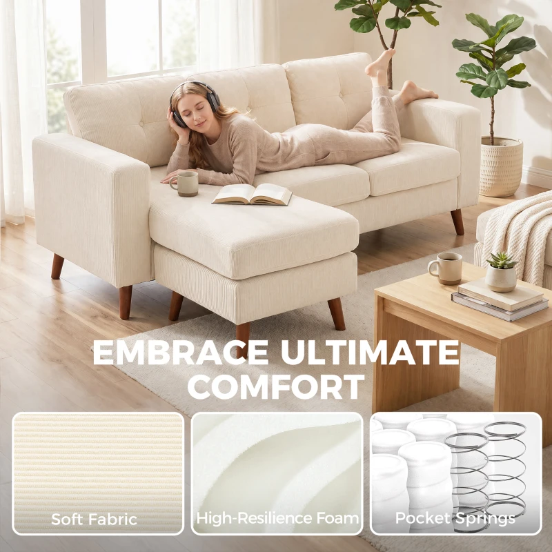 HOMCOM Ecksofa 192 cm L-Form 3-Sitzer Sofa mit umkehrbarer Chaiselongue, Cord-Optik, für kleinen Raum, Cremeweiß