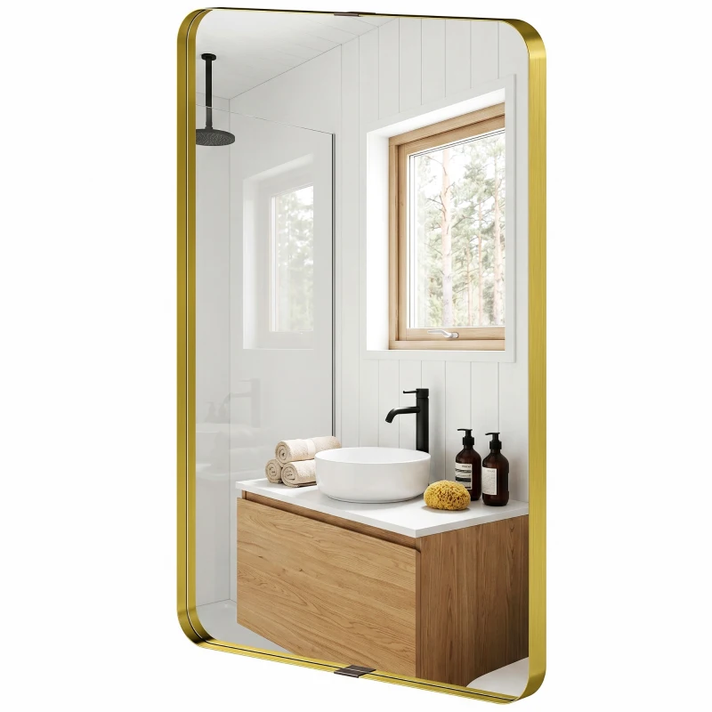 HOMCOM Rectangular Wall Mirror, 90 x 60 cm Wall Mounted Bathroom Mirror w/ Aluminium Alloy Frame and Tempered Glass, Gold Tone