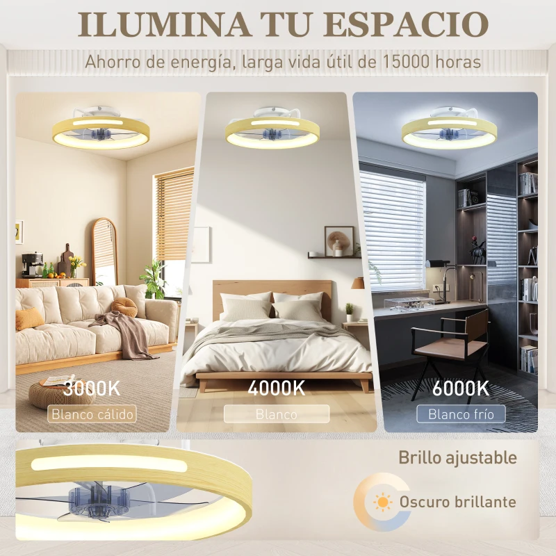 HOMCOM Ventilador de Techo con Luz LED 40 W Motor DC Reversible Mando a Distancia 6 Velocidades 3 Colores Temporizador Natural