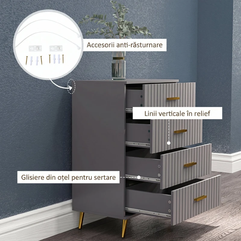 HOMCOM Comodă modernă cu 4 sertare din lemn și aluminiu, 60x40x90 cm, auriu și gri închis