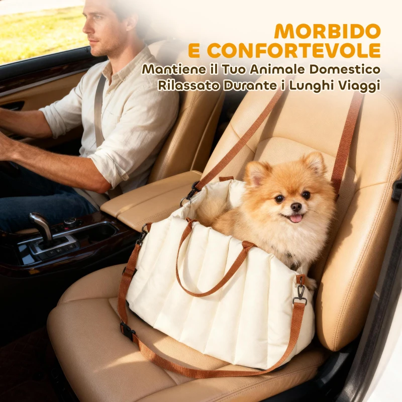 PawHut Seggiolino Auto per Cani Piccoli con Guinzaglio e Base Antiscivolo, Convertibile in Borsa per Animali, Crema