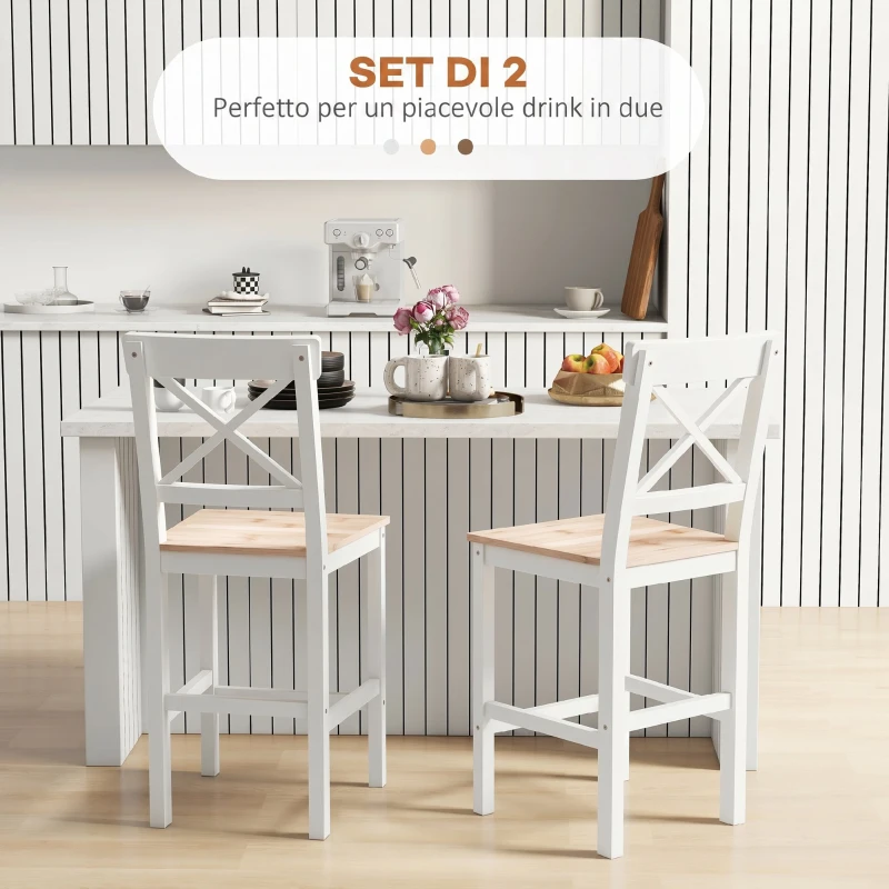 HOMCOM Set di 2 Sgabelli Bar, Sgabelli Cucina Alti con Schienale Alto, Poggiapiedi, in Legno di Pino, Naturale e Bianco